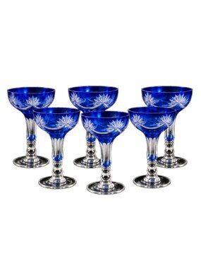 6 Antique Cobalt Blue Cut To Clear Baccarat Champagne Coupes Wine Glasses